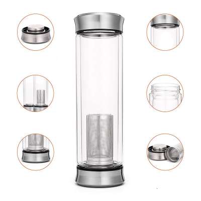 Stainless Steel Lid Double Walled Borosilicate Glass Water Bottle with Infuser